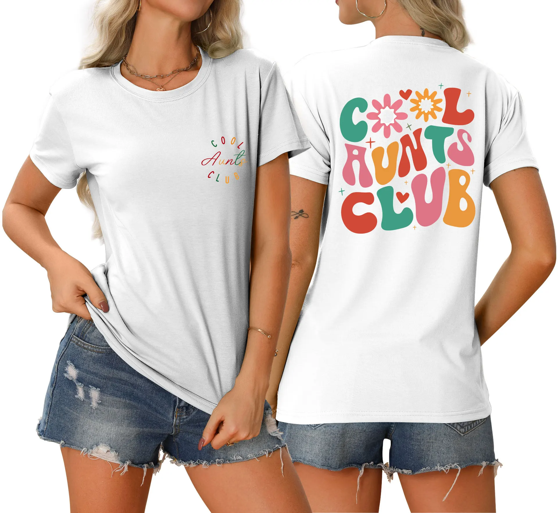 여성용 라운드넥 멋진 아줌마 클럽 앞뒤 프린트 티셔츠, 루즈한 캐주얼 반팔 탑, 세련된 풀로, 여름 신상