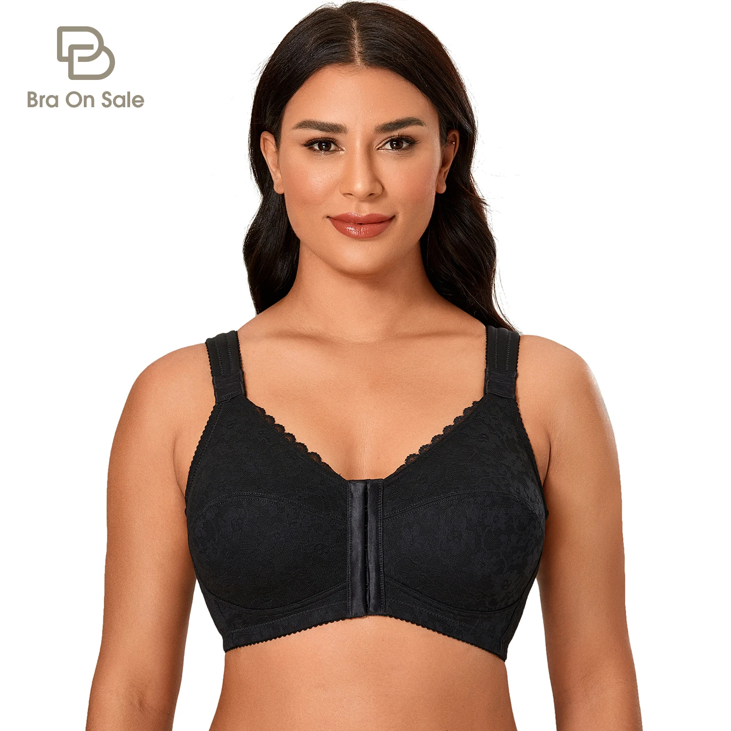 

Women's Cotton Front Closure Posture Wirefree X-shape Back Support Lace Bra Plus Size Non-padded Full Coverage