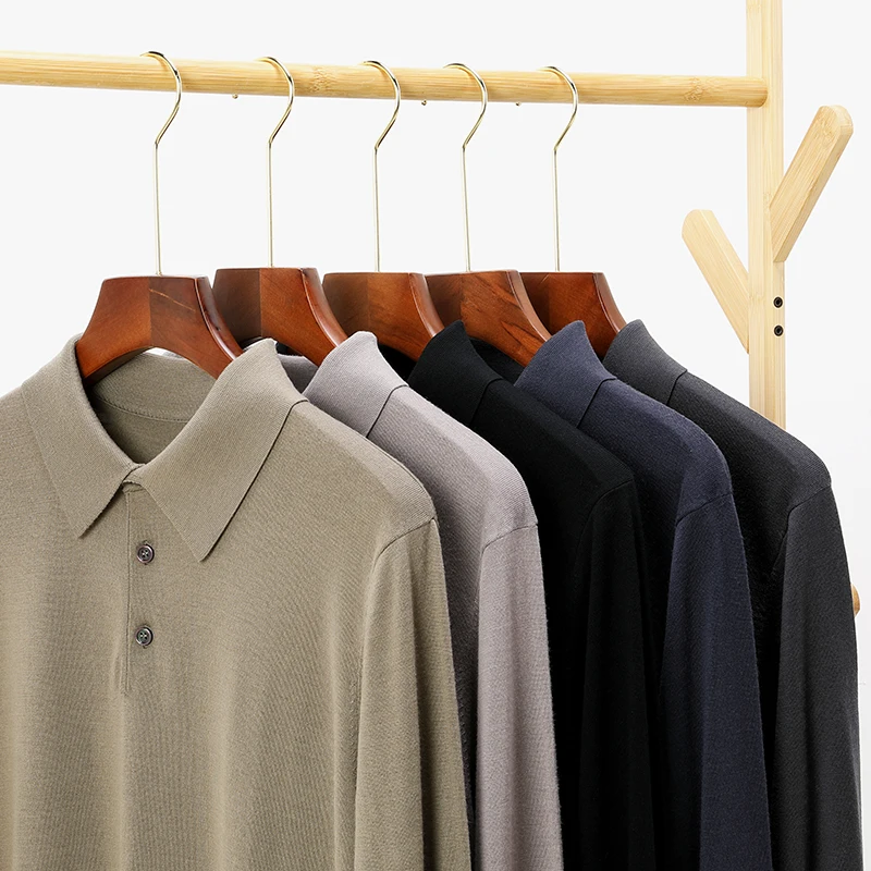 

High Grade 100% Worsted Wool Sweater Tops Men's Turn Down Collar Merino Wool Knit T-Shirts Long Sleeve Pure Wool Polos Clothes