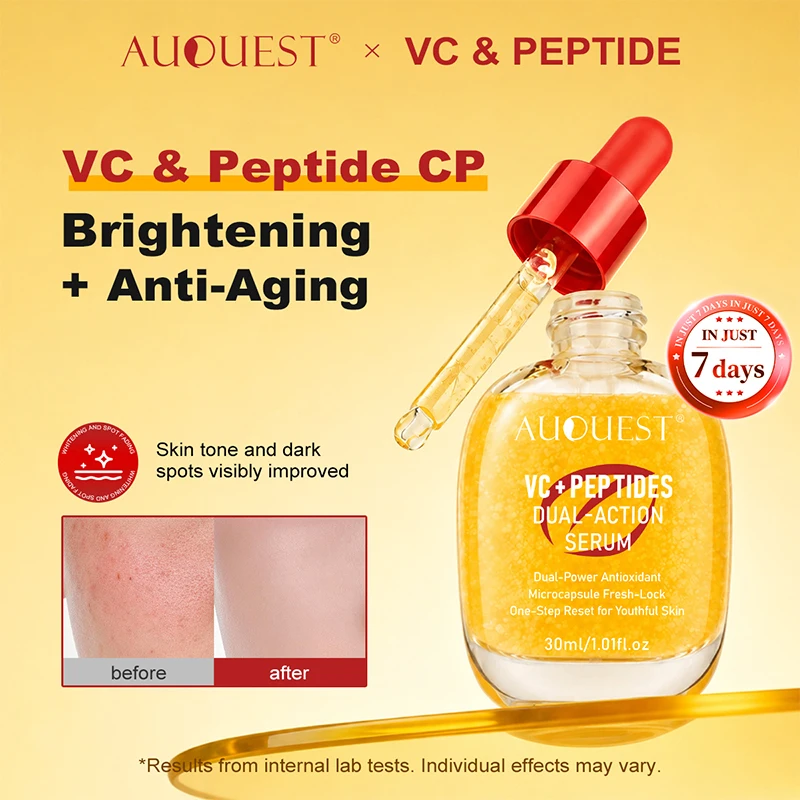 Sérum Facial de Vitamina C e Peptídeos AUQUEST, Iluminador, Anti-Envelhecimento, Reduz Opacidade, Clareia Manchas Escuras, Cuidados com a Pele