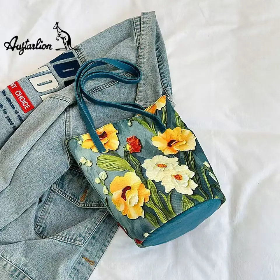 2025 تصميم جديد الأزهار دلو حقيبة المرأة الكتف Crossbody النفط اللوحة زهرة تصميم عارضة أزياء سعة كبيرة حمل حقيبة