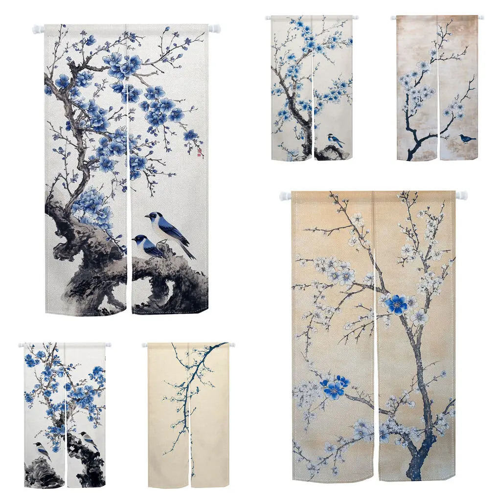 Japanese Noren Door Curtains Branches Blue Flower Bird Living Room Partition Doorway Curtains Kitchen Entrance Hanging Curtains