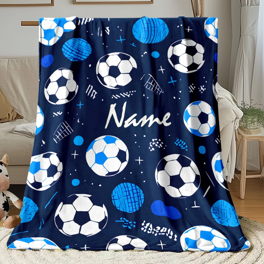 Custom Soccer Ball Fleece Blanket Personalized Name Blue White Sports Throw Soft Warm All Season Bedding Gift for Kids