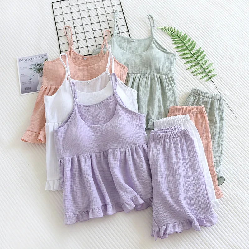 

Pajamas Women Summer Cotton Suspender Short Two-Piece Girl Casual Cute Sleepwear Pijamas Set 2023 Korean Home Clothes With Chest