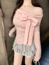 Spring Pure Desire Pink Tops Women Sweet Commuter Base Shirt Sexy Off Shoulder Bow Slash Neck Long Sleeve CoolGirl Tees 2025 New