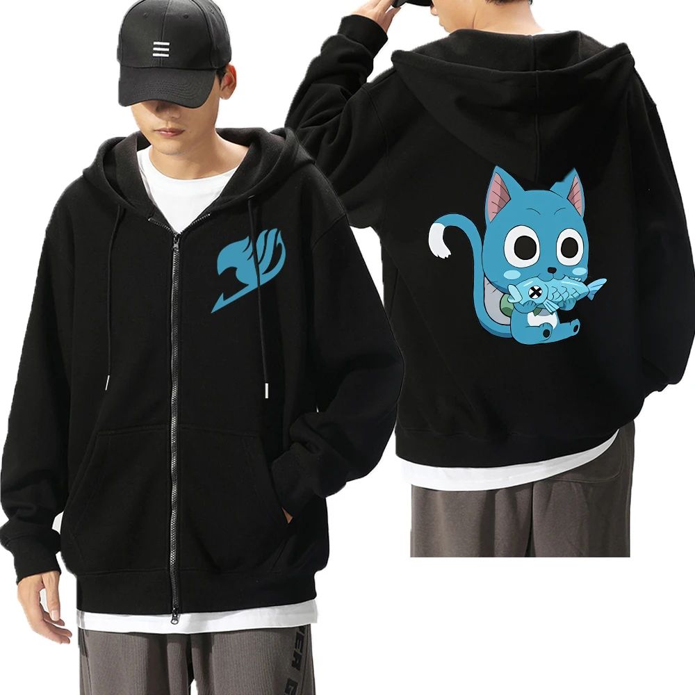 Hot Anime Fairy Tail Happy Cat Cute Graphic Hooded Men Women Zip Up Hoodies Casual Loose Sweatshirt Harajuku Men's Zipper Jacket