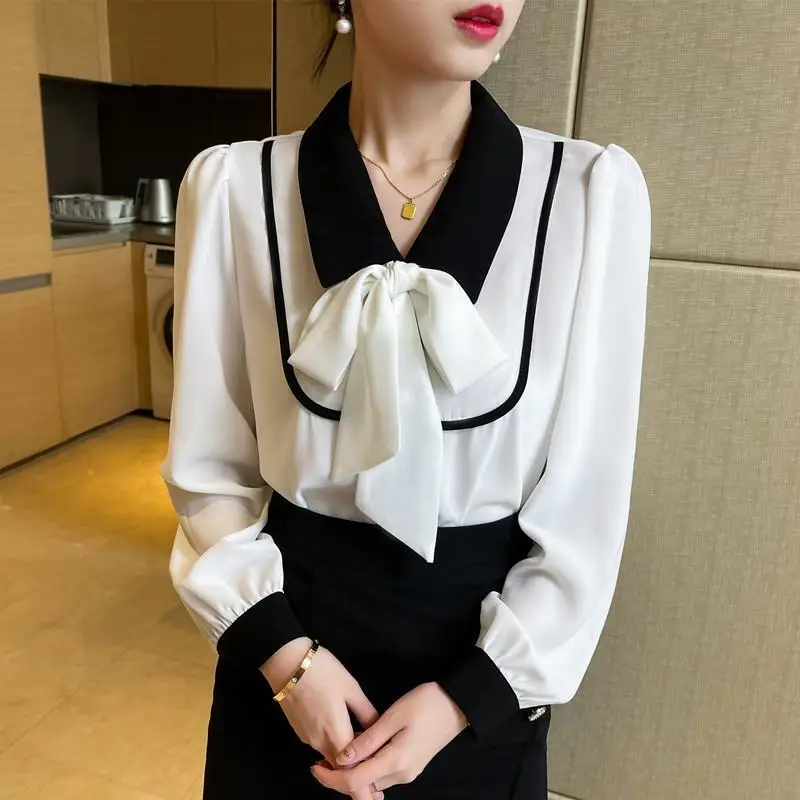 

Elegant Lapel Spliced Lace Up Bow Puff Sleeve Blouses Women Clothing 2024 Autumn New Loose Chic Tops Office Lady Chiffon Shirts