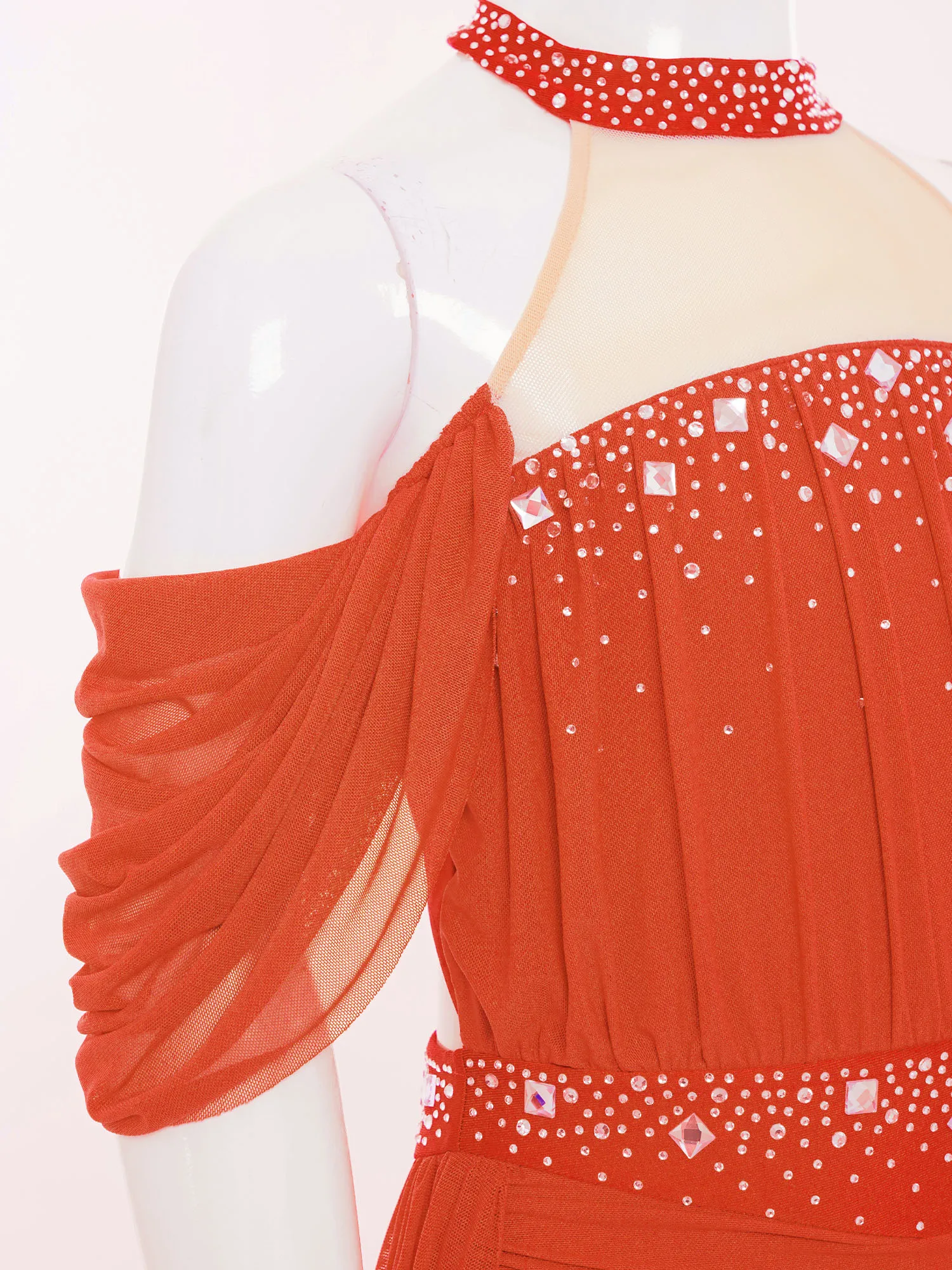 أطفال بنات الشكل التزلج الحديثة فستان رقص غنائي بلا أكمام لامعة الراين بقماش شفاف يوتار للجمباز البهلوانية