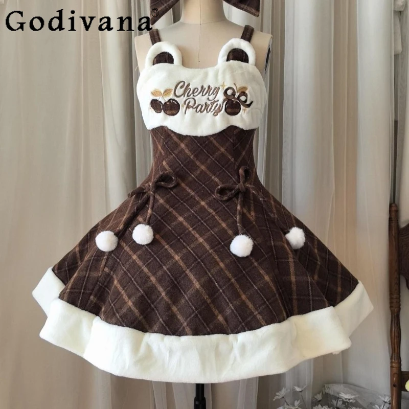 الإناث النمط الياباني لوليتا تنورة الدعاوى Bowknot شال كيب معطف الصوف منقوشة فستان بحزام مجموعة النساء الشتاء JK الزي الرسمي