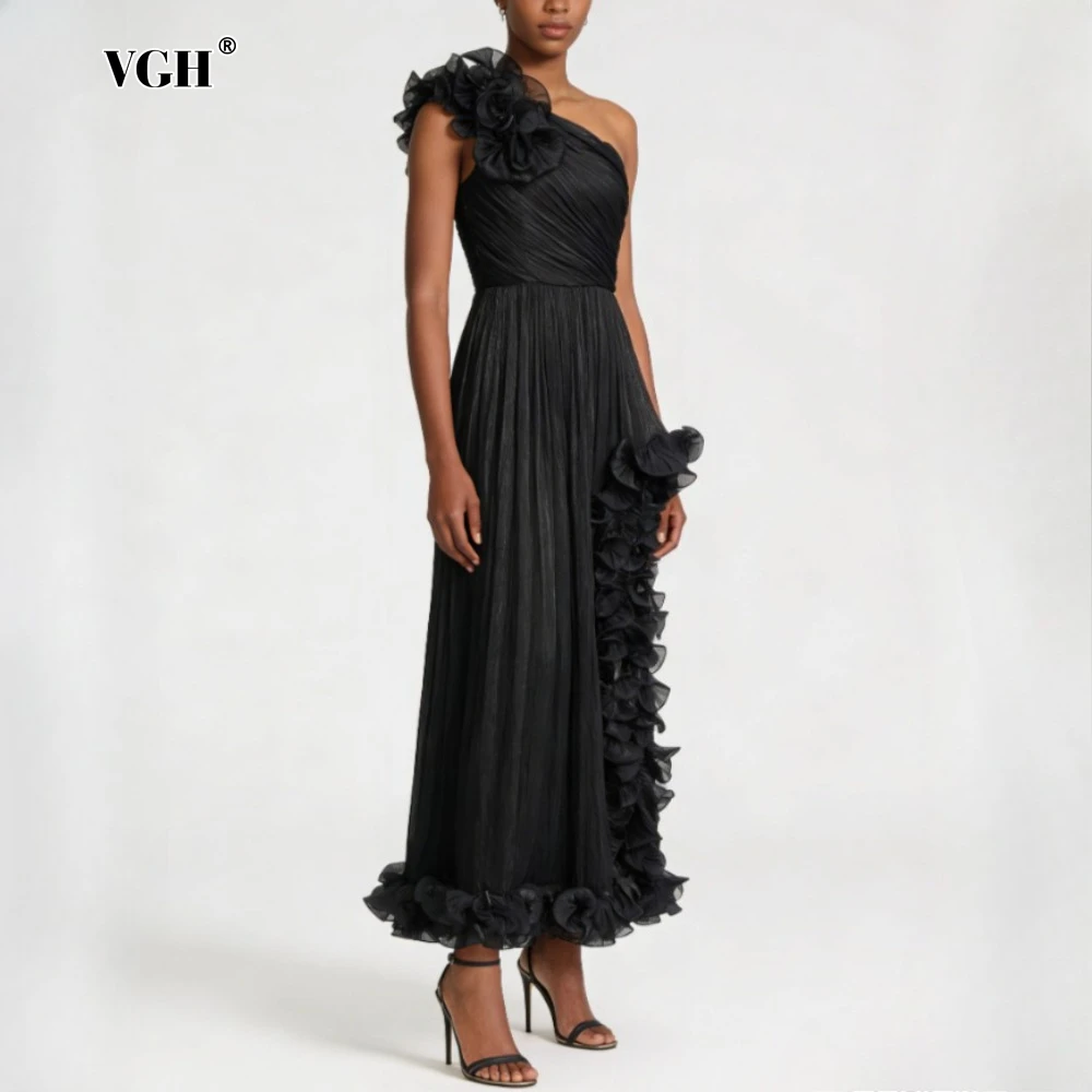 

VGH Черное свободное платье с воланами и асимметричным воротником без рукавов, роскошное элегантное женское платье для лета, модный стиль