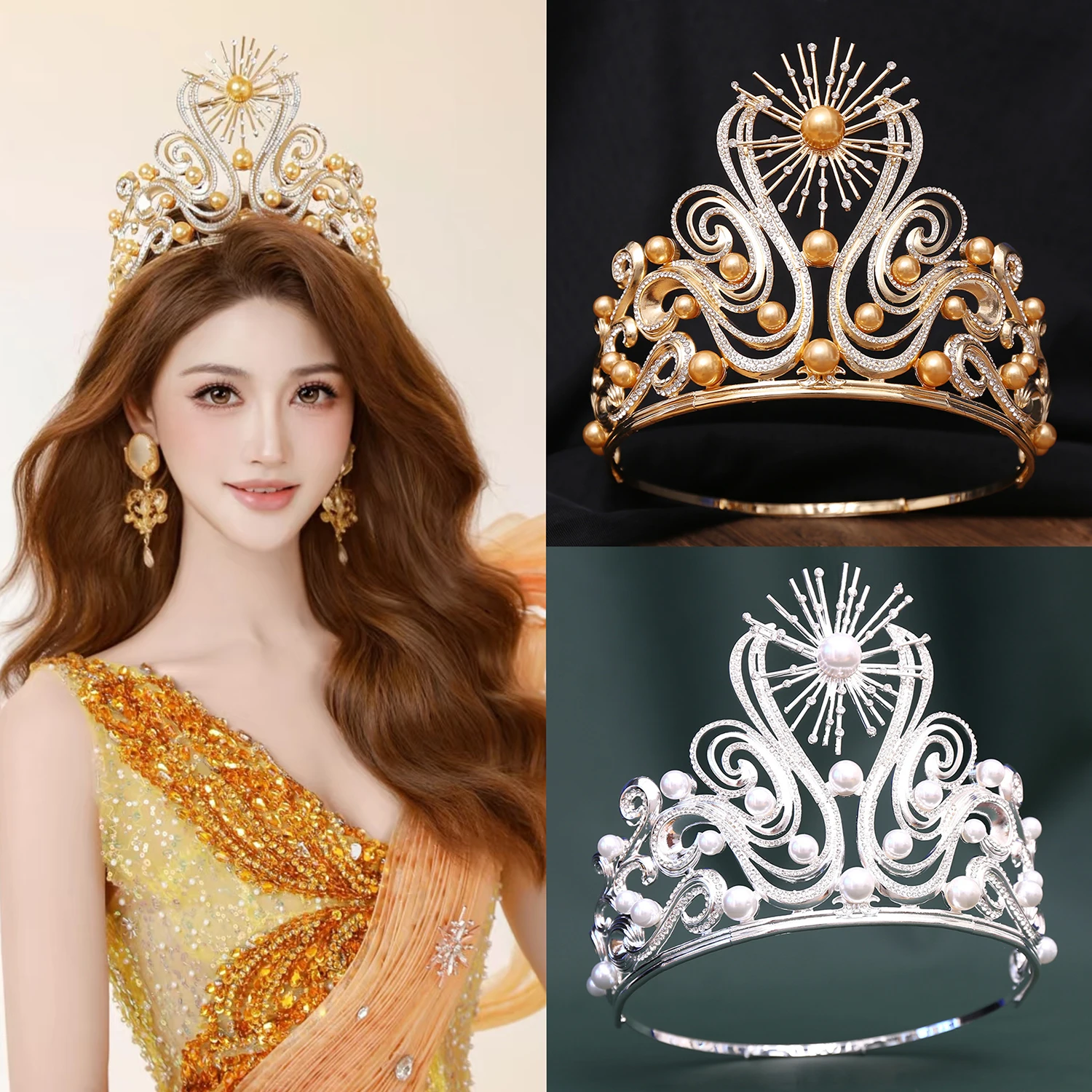 Sunburst Pearl Pageant Crown Gold Silver Two Tone Tiara Beauty Competition Queen Wedding Bridal Hair Accessories
