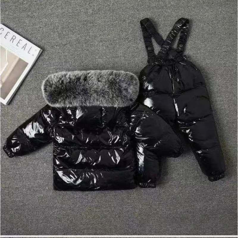2025 New Winter Kids Boutique Clothing Two-Pieces Sets Down Jacket Suspender Trousers Big Fur Collar Warm Soft Unisex Ski Suit