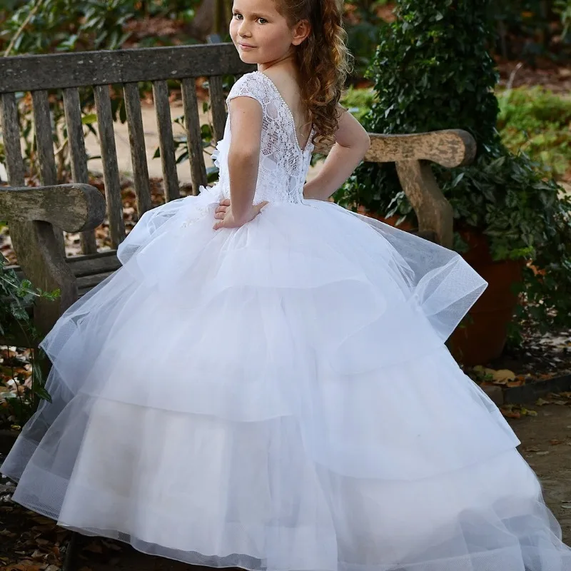 فستان فتاة الزهور بأكمام قصيرة وطبقات من التول، فستان فتاة صغيرة الأميرة أول مناولة لحفلات أعياد الميلاد