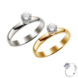 Titanium Steel Solitaire Rings for Women Men Shiny Six Claws Zircon Marriage Promise Ring Fashion Couple Jewelry Gifts KBR118
