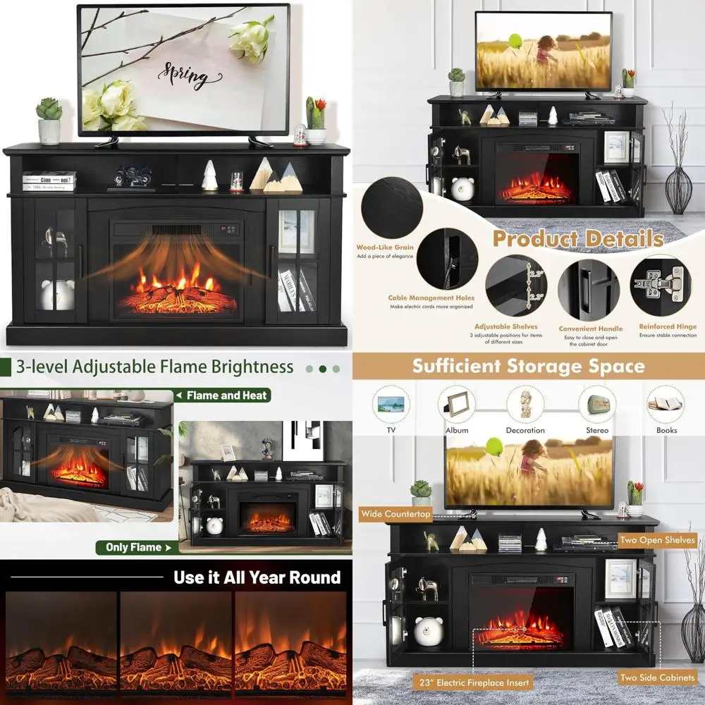 

60 Electric Fireplace TV Stand for 55-58 TVs, Entertainment Center with 2 Cabinets, Remote Control