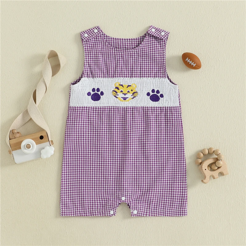 

Toddler Baby Boys Girls Summer Romper Casual Tiger Embroidery Plaid Crew Neck Sleeveless Jumpsuit Fashion Infant Newborn Clothes