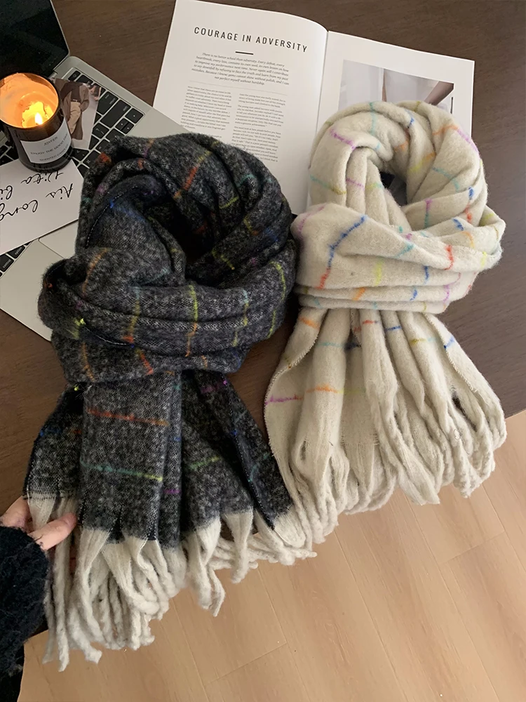 Women Classic Chic Autumn Winter Colorful Striped Tassel Warm Muffler Scarf Female Thermal Shawl Lady Cloak Poncho Outwear Scarf