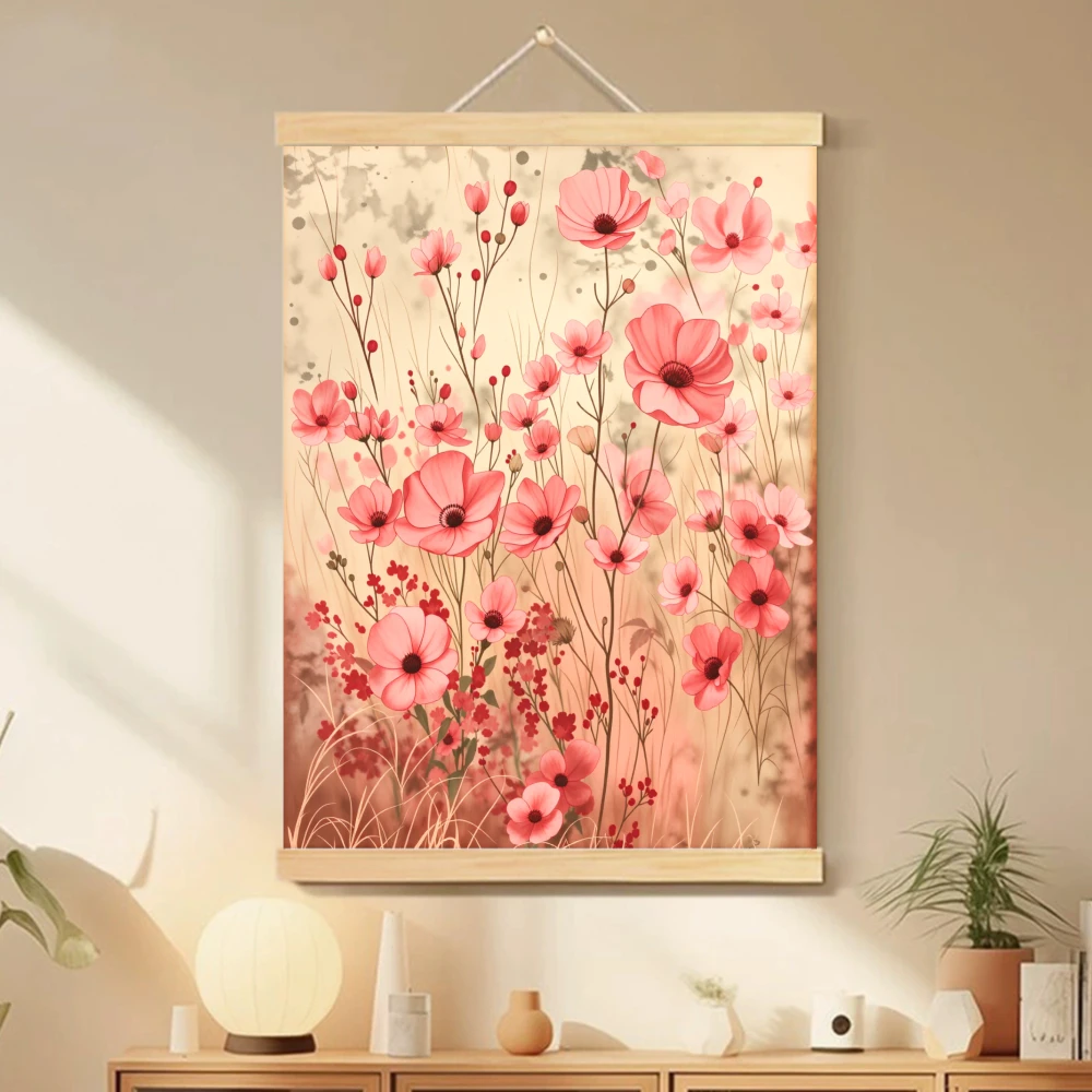 1pc Pink Flowers Art Poster Watercolor Style Wood Scroll Can