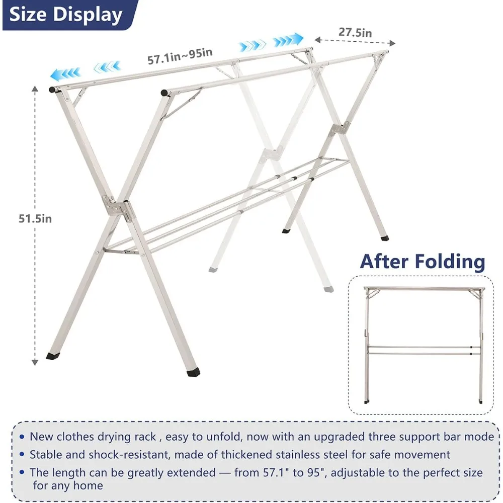 Heavy-Duty Foldable Clothes Drying Rack, 95-Inch Stainless Steel Laundry Rack for Indoor and Outdoor Use, Adjustable Design