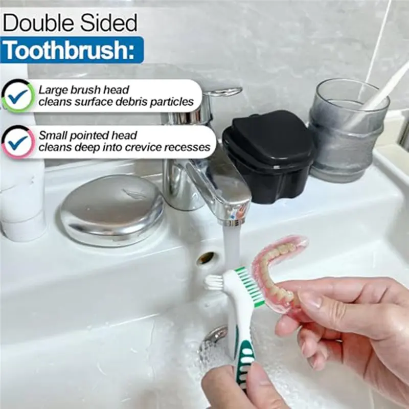 DT19 Denture Cleaning Case with Filter Basket, 2 Pack Retainer Storage Box for False Teeth, Portable Travel Denture Cup