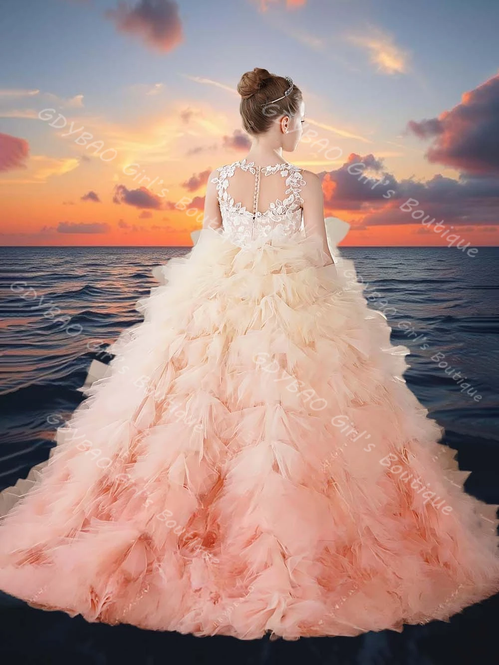 

Customized Princess Pageant Dress Gradient Ruffled Tulle Ball Gown Beaded Lace Flower Girl Dress Kids Puffy Wedding Party Gown