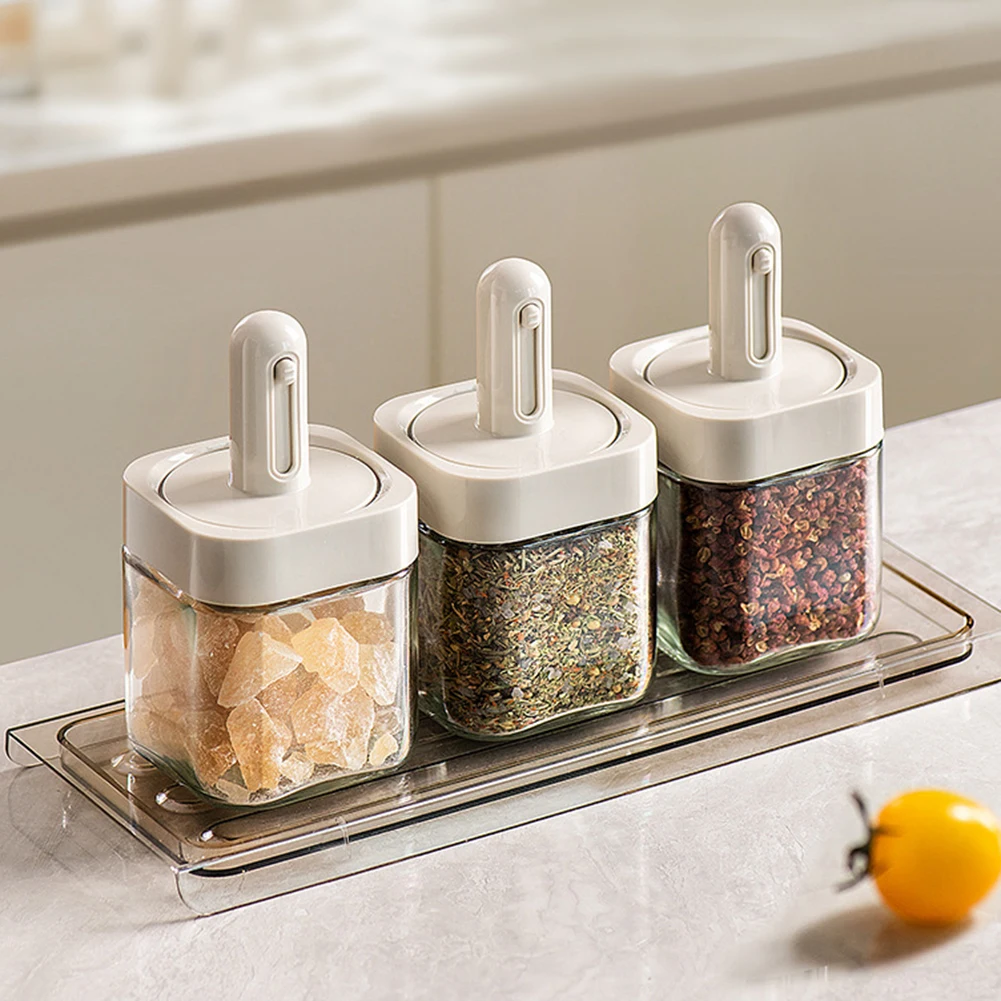 

Kitchen Telescopic Seasoning Box Square Glass Seasoning Jars Clear Leak Proof Spice Bottle With Spoon For Salt Pepper Sugar