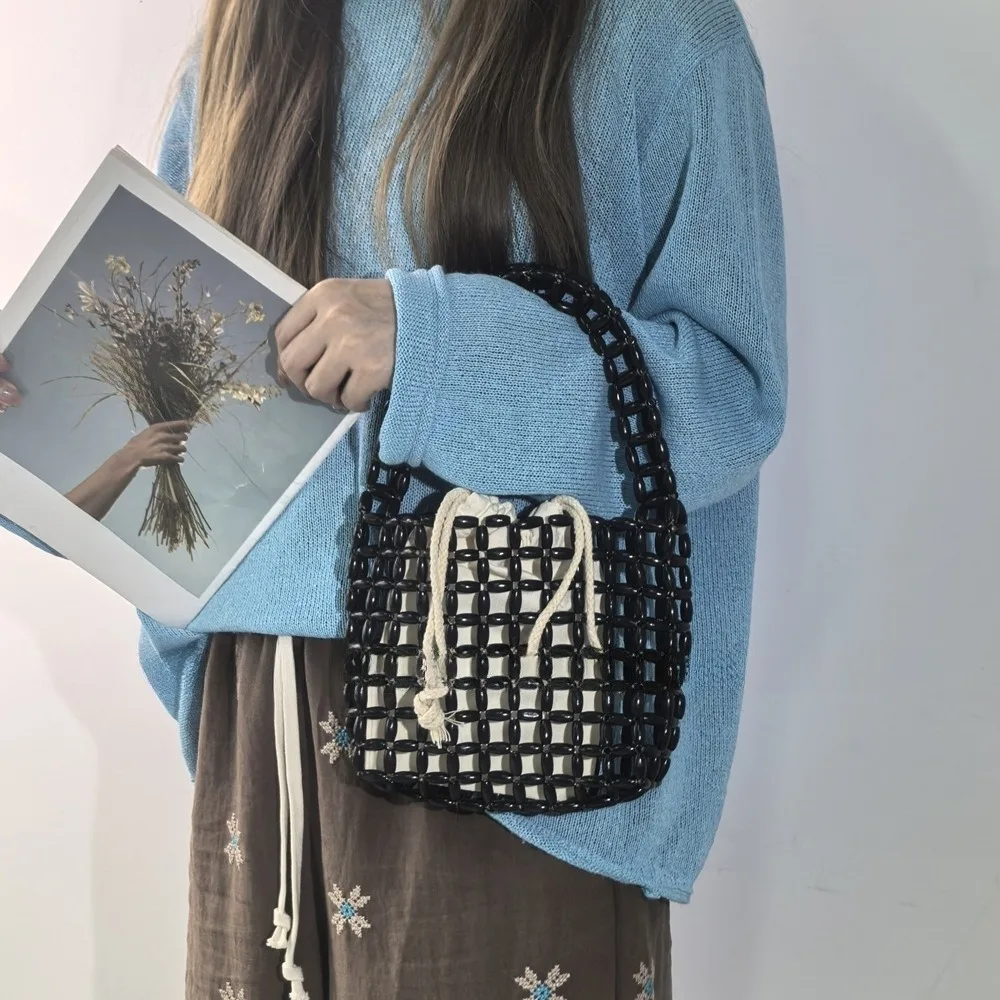 

Portable Handmade Beaded Woven Bag Vintage Creative Hollow Out Bag Boho Pure Color Openwork Bag Girls