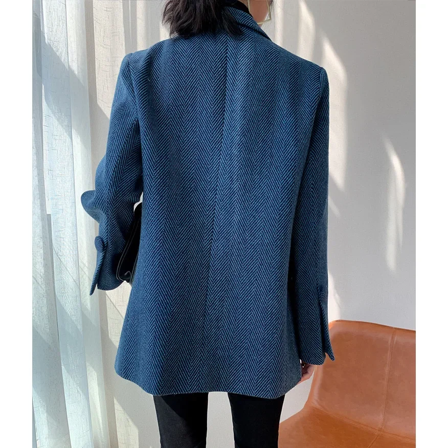 Elegant Blue Woolen Coat Suit Jacket Female 2024 Autumn Winter New Style Leisure British Blazer Cardigan