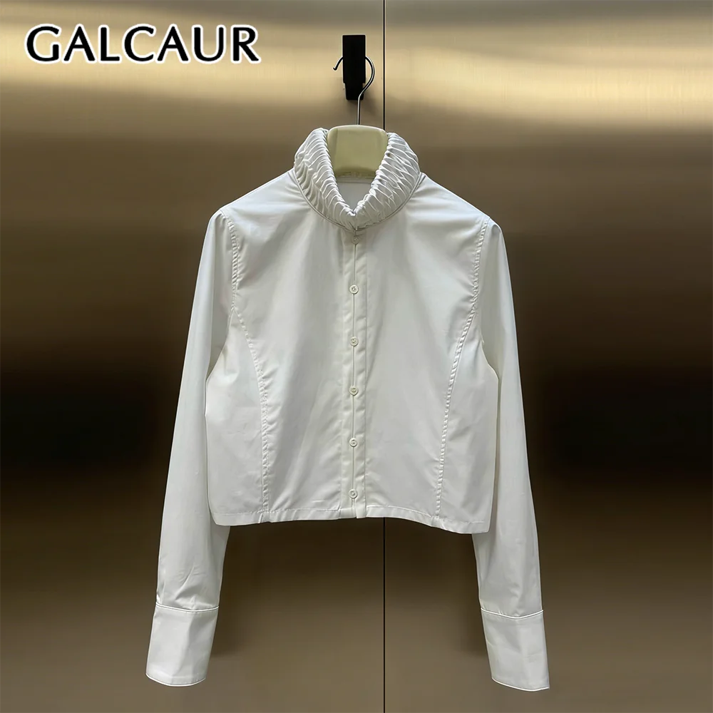 

GALCAUR Solid Slimming Spliced Single Buttons Jackets for Women Round Neck Long Sleeves Patchwork Folds Top Female Fashion New