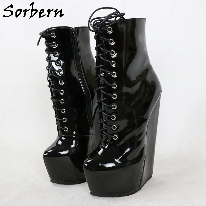 Sorbern 20Cm Hard To Walk Ankle Boots Women Narrow Soles Wedges Lace Up Short Booties Drag Queen Fetish Boot Women Custom Color