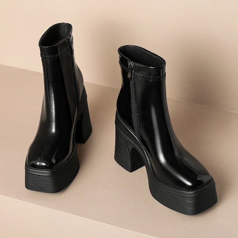 

2025 Sexy Women Chelsea Boots 10CM Super High Heel 100% Genuine Leather Mirror Platform Shoes
