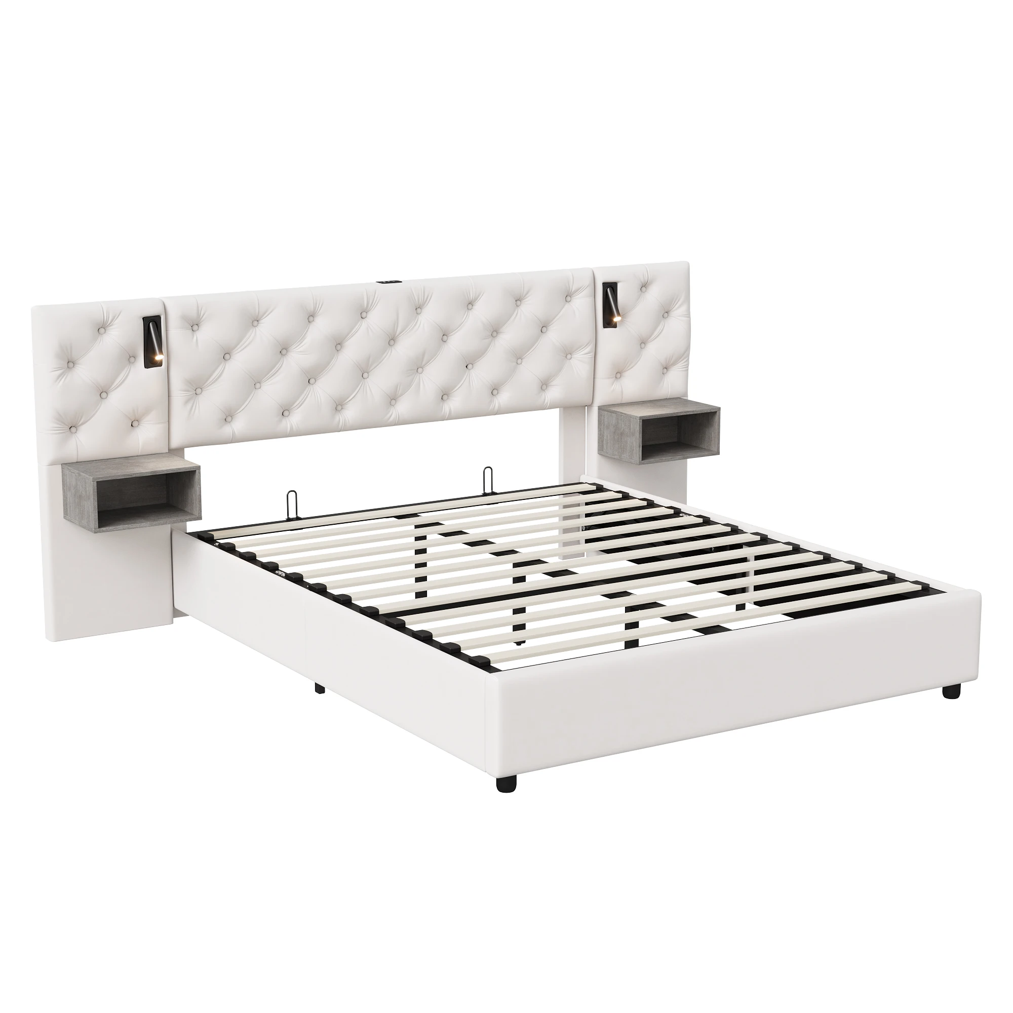 Fangange gestoffeerd tweepersoonsbed, met 2 nachtkastjes, 160*200cm hydraulisch opbergbed met LED- en USB-oplaadfunctie - afbeelding 2