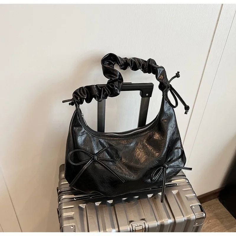 Xiuya Gentle Fashion Womens Shoulder Bag Pleated Korean Style Elegant Hobos Bag Casual Silver Cute Bow Luxury Female New Handbag