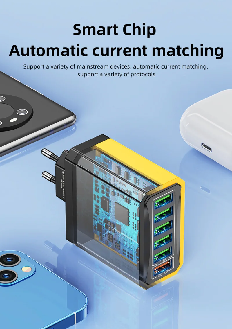 6-in-1 Multi Port Charging Head 5v3a Fast Charging Head Qc3.0 Quick Charging For Samsung S23 Xiaomi Eu/kr/us/uk Adapter Plug