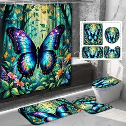 4-piece set of butterfly pattern waterproof shower curtain with 12 hooks, waterproof printed curtain, bathroom floor mat