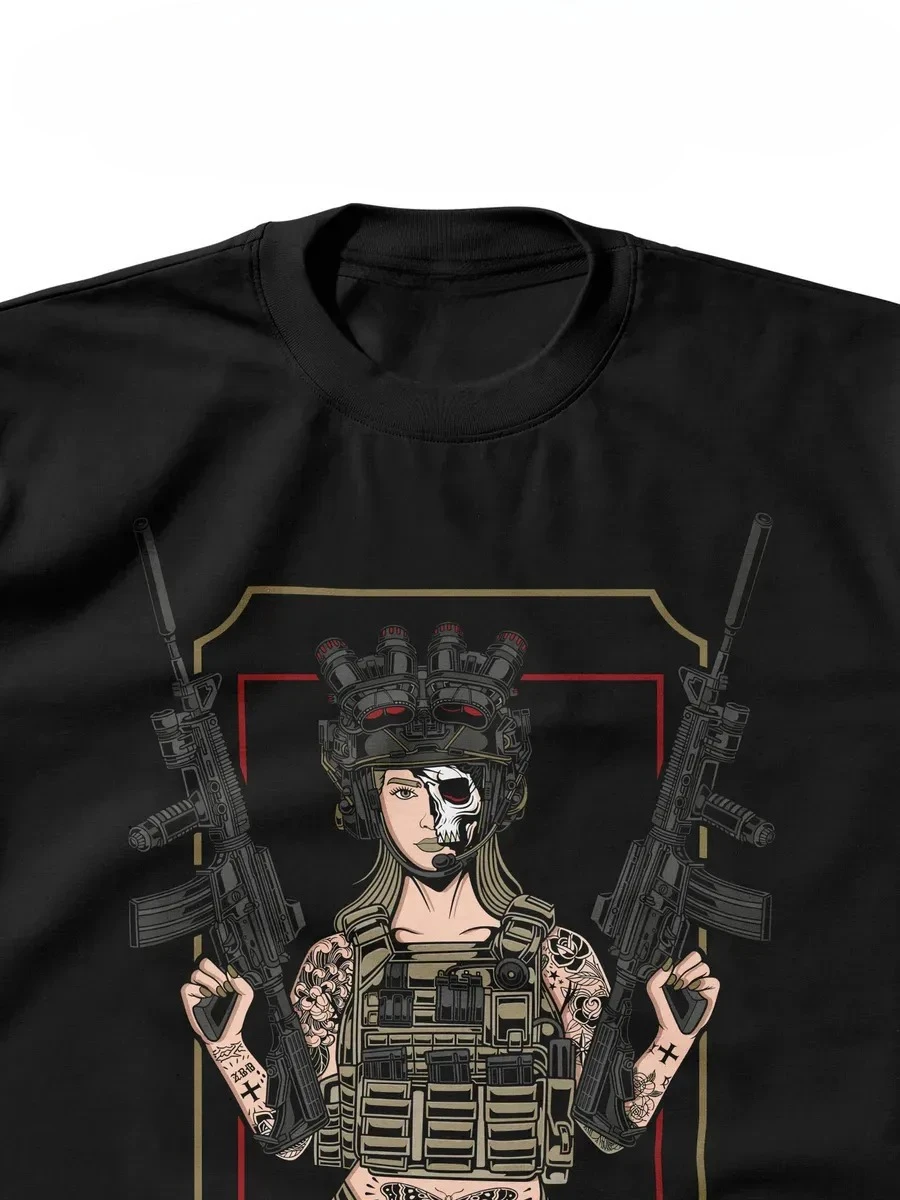 Men Tactical Tattoo Soldier Girl Graphic T Shirt Dual Gun Military Helmet Skull Print Short Sleeve Cotton Casual Streetwear Tee