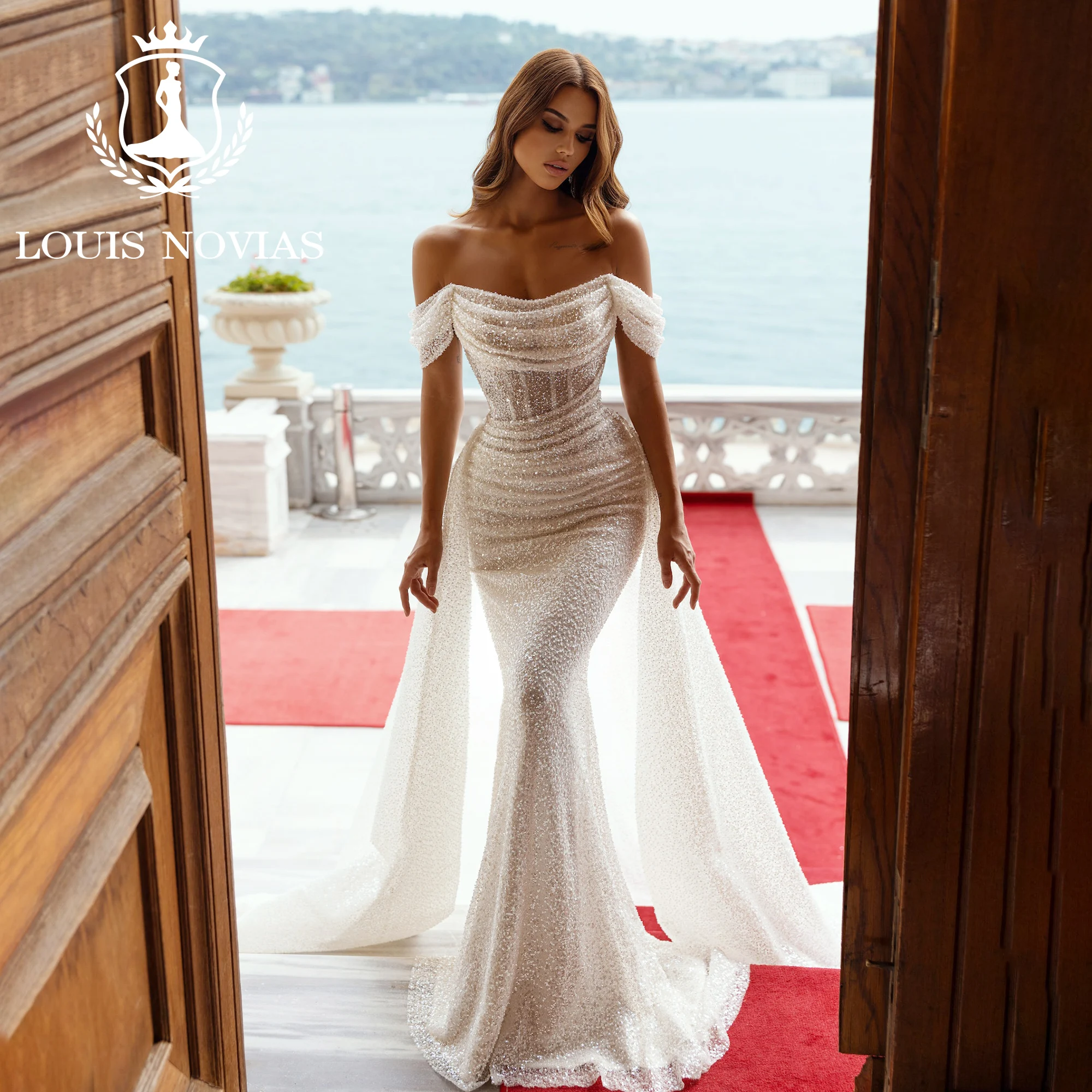 

LOUIS NOVIAS Новое поступление с вырезом лодочкой, блестящее свадебное платье со съемным шлейфом и бисером, Vestidos De Novia