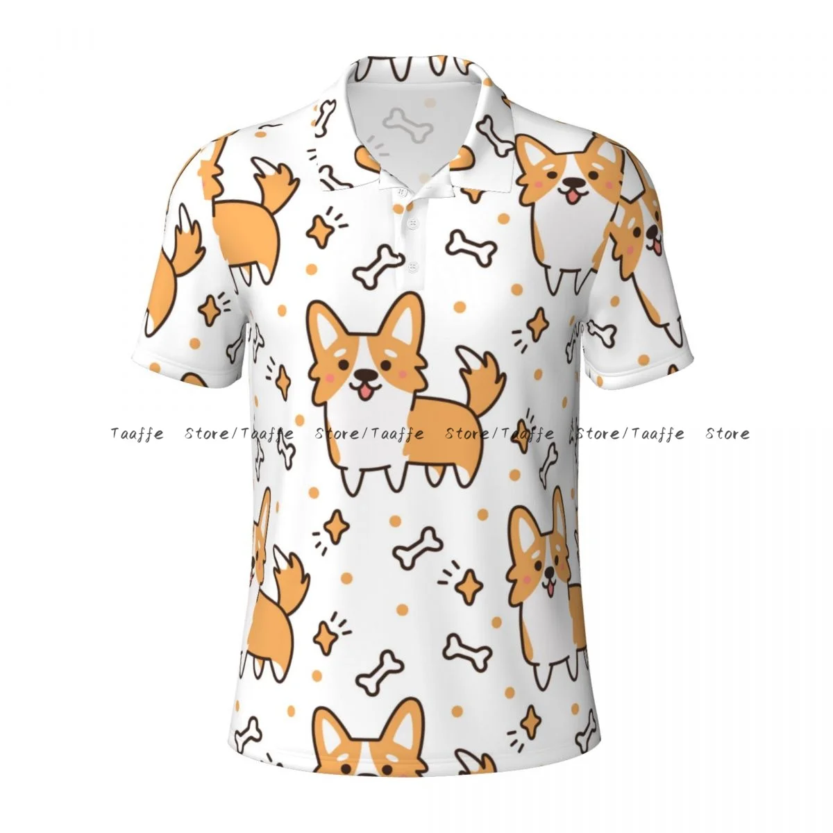 Cute Dog Breed Welsh Corgi With Hearts Stars Bones Men's polo shirt collar T-shirt short sleeve casual street shirt