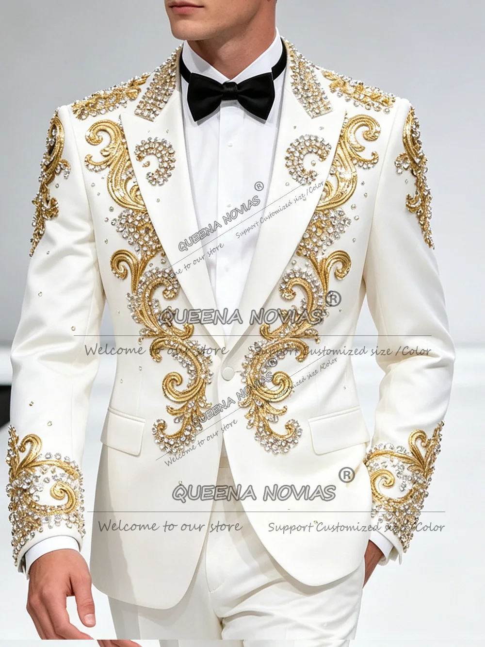 

Luxury Rhinestone Beaded Suits Men For Wedding Single Breasted Prom Blazer Customized 2 Piece Sets Celebration Party Man Tuxedo