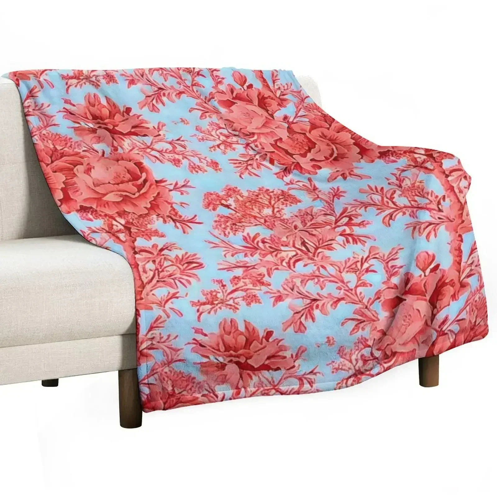 Coral flowers on sky blue toile Throw Blanket Custom blankets and throws Personalized Gift Single wednesday Blankets