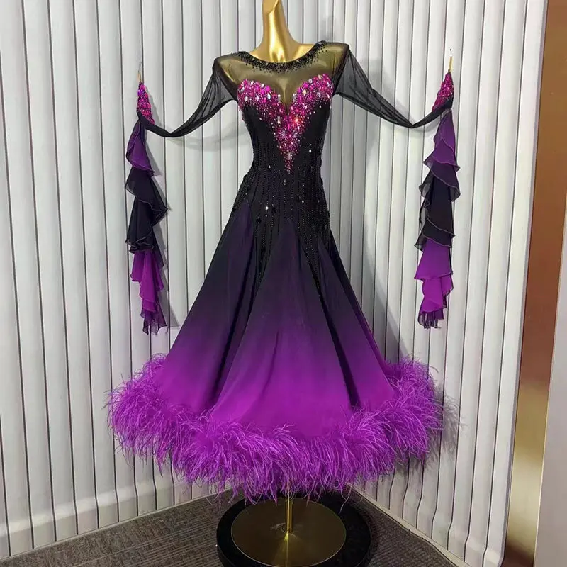 Black to Purple Gradient Ballroom Dance Dress with Rhinestone V-Neck Feather Hem & Flowy Sleeves for Competition