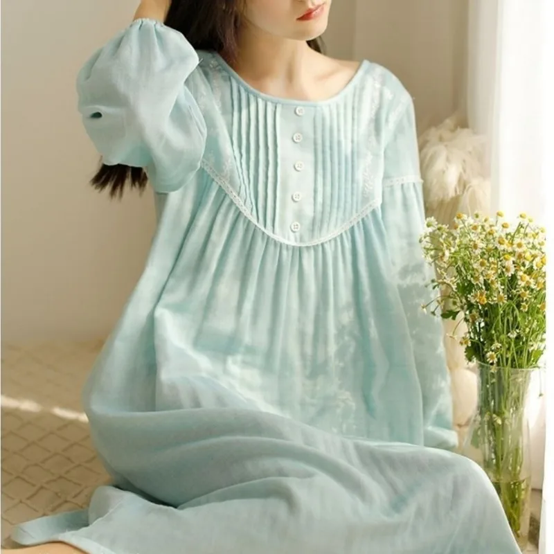 Pure Cotton Princess Style Pajama Dress Women's Spring Autumn Long Sleeve Sleep Skirt Girls New Fashion Loose Leisure Nightgowns