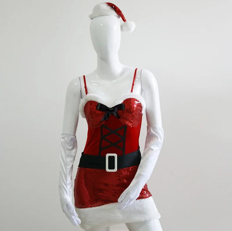 Sexy Christmas Costumes Women Christmas Santa Claus Fancy Dress Spaghetti Strap Sequin Mini Dress with Gloves Xmas Hat