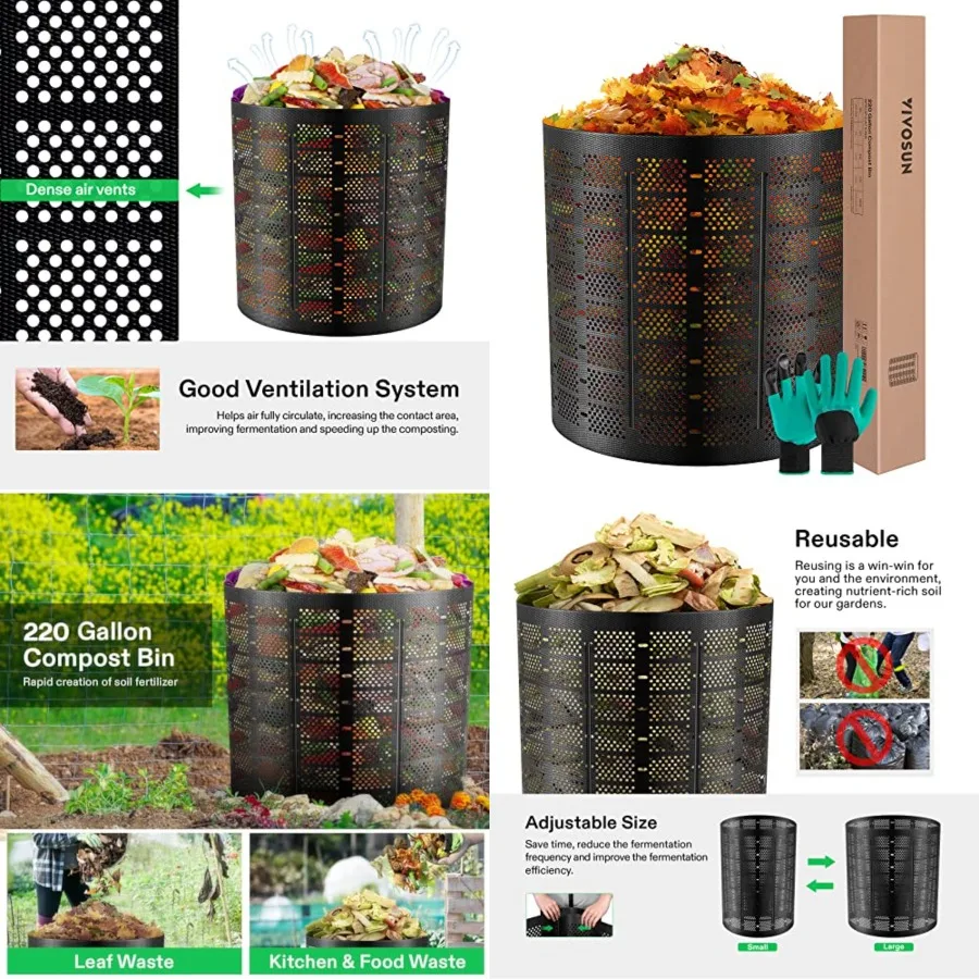 

Outdoor Compost Bin, Expandable Composter, Easy to Setup and Large Capacity for Backyard, Lawn Black with Gloves
