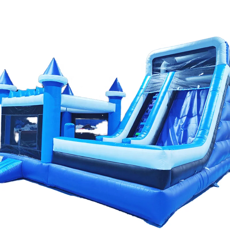Commercieel Pvc op maat opblaasbaar blauw springend uitsmijter kasteelhuis met glijbaan springkasteel combo jumper springkussen voor kinderen