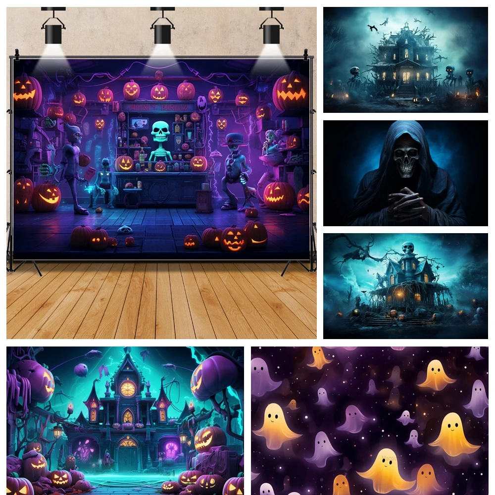 

Halloween Skeleton House Horror Night Pumpkin Family Party Banner Backdrop Custom Adult Kids Wall Photo Poster Decor Background