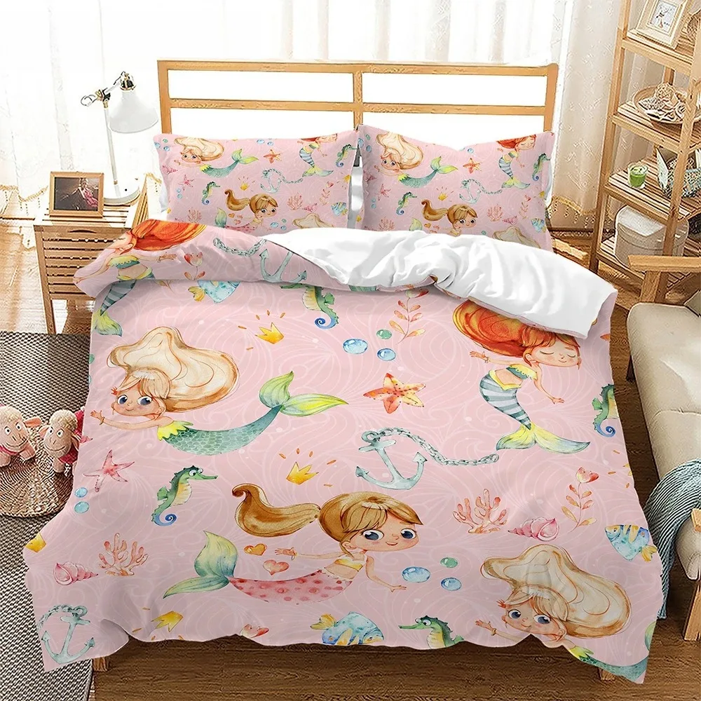 

Single/Twin/Double/Queen/King Size 3D Mermaid - Themed Bedding Set With Duvet Cover And Pillowcases For Girl Kids