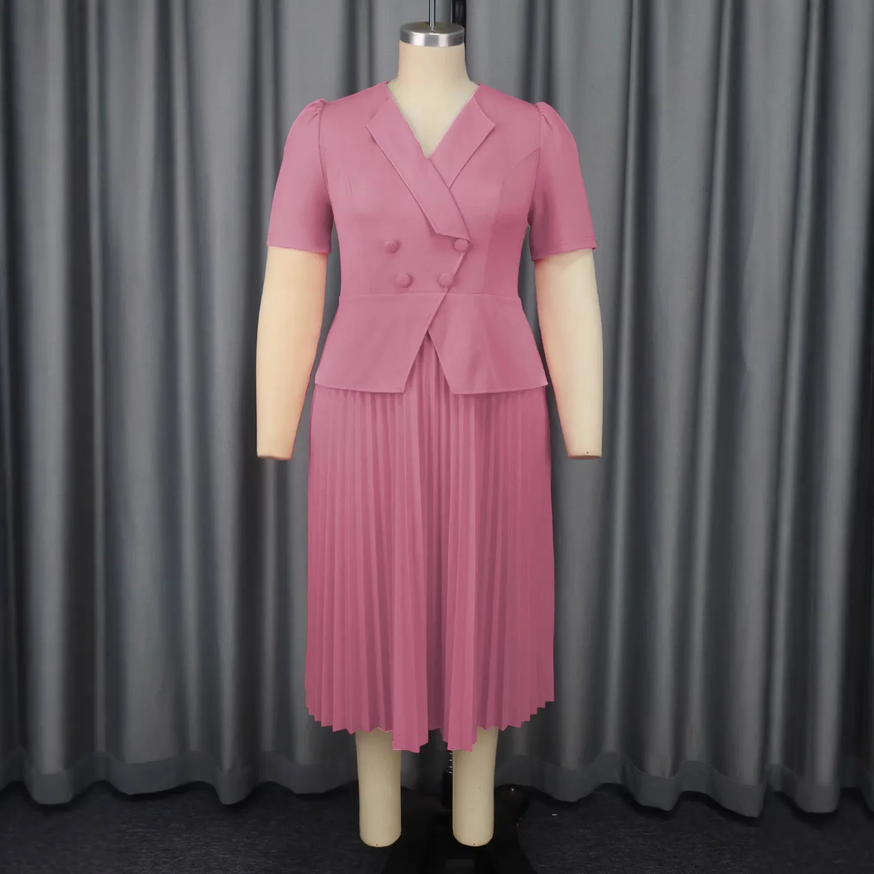 Africa Clothing Womens V Neck Short Sleeve Button High Waist A Line Simple Office Lady Business Cocktail Party Dresses