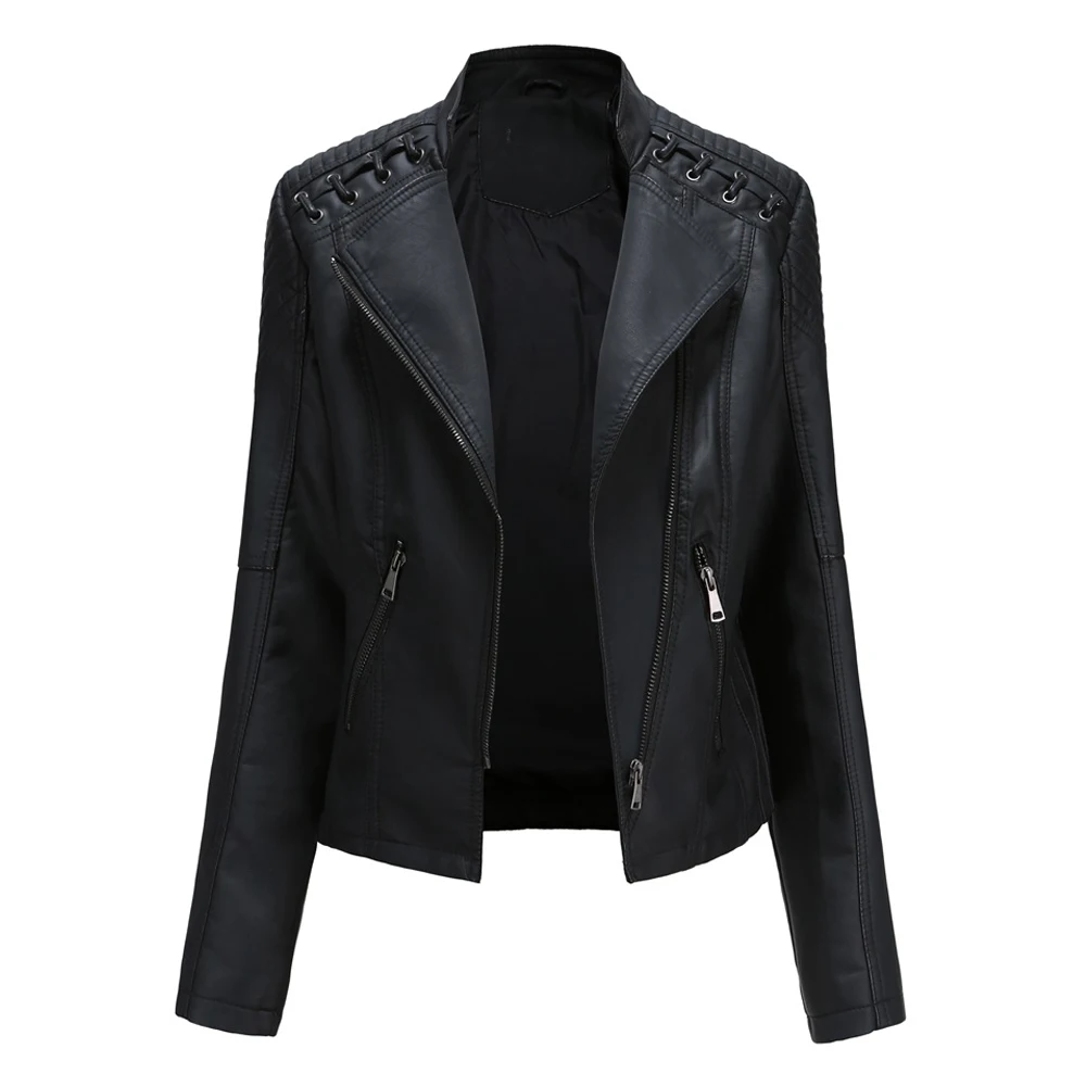 Motorcycle Jacket PU Leather Chaqueta Moto Women Vintage Slim Fitting Motor Coat Spring Autumn Motorcycle Racing Jacket Black