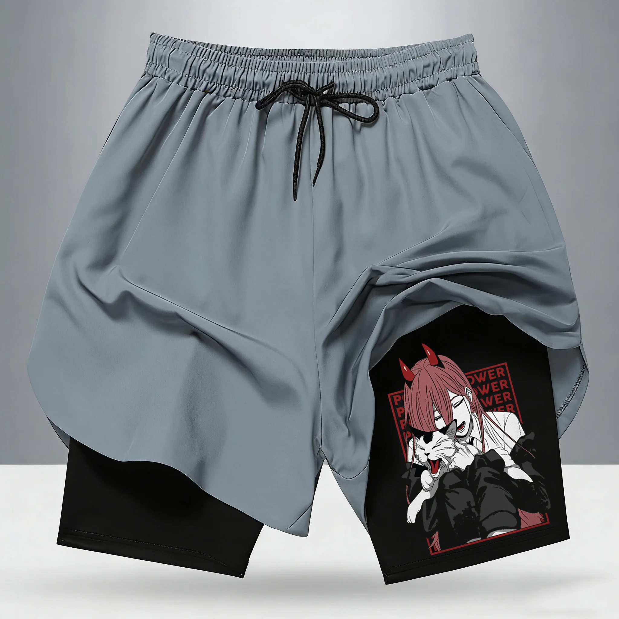 Chainsaw Man Power Blood Devil Horns Cat 2-in-1 Performance Athletic Shorts 2026 Anime Gym Workout Shorts für Herren und Damen